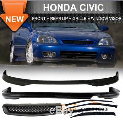 Fits 96-98 Honda Civic 4Dr Front Rear Bumper Lip + ABS Hood Grill + Window Visor
